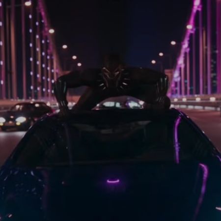 Black Panther is hanging on the roof of a car.